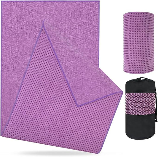 flintronic Yoga Towel, Yoga Mat Towel with Grip Dots, Microfiber Yoga Blanket Towels, Soft & Breathable, with Quick Dry Towels and Mesh Carry Bag, for Bikram, Pilates and Workout, 24" x72", Purple