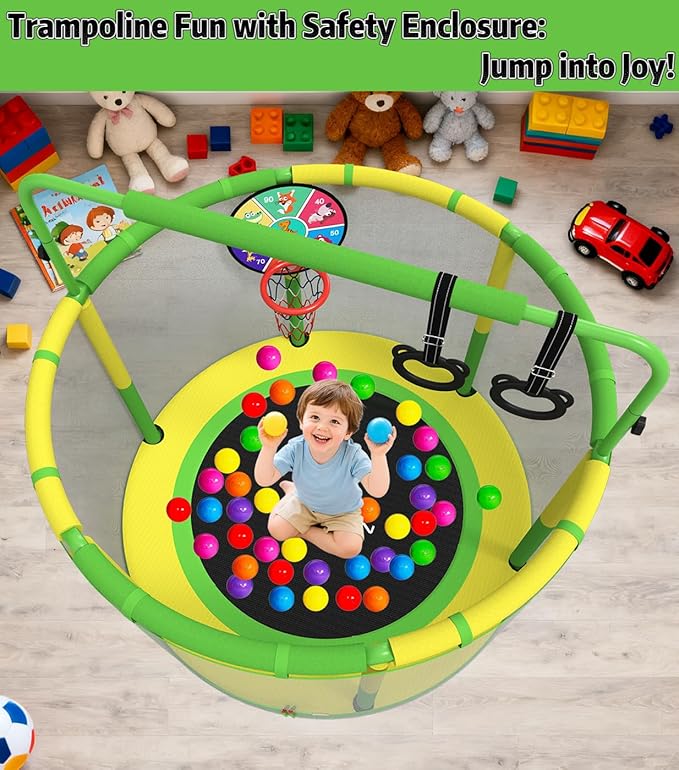LANGXUN 60" Trampoline for Kids, 5ft Toddler Mini 6-in-1 Trampoline Indoor Outdoor with Swing, Basketball Hoop, Dart Board, Gymnastics Bar, Rings, Christmas Toys Birthday Gifts for Girls Boys