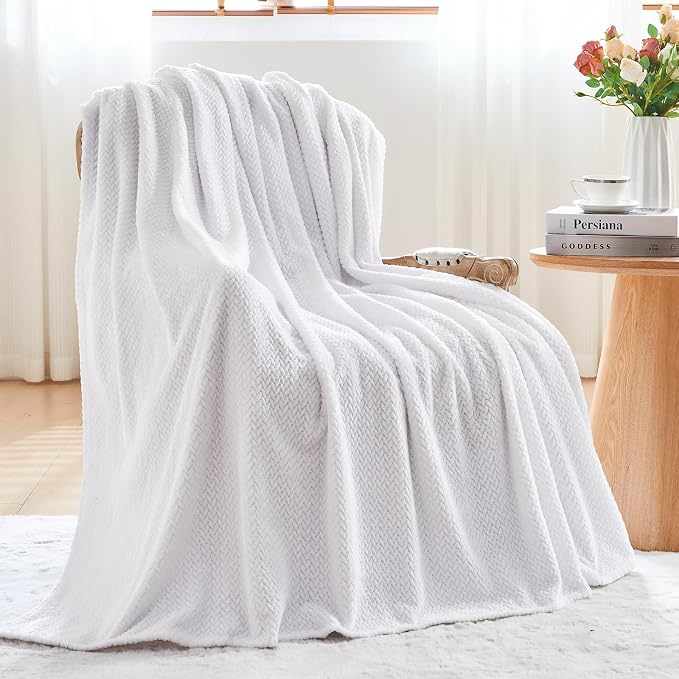 NEWCOSPLAY Fleece Leaves Pattern Twin Blanket, White, 60"x80" | Super Soft Throw Blanket, Lightweight Cozy Bed Sofa Blanket, Premium Silky Flannel Fleece, Travel Blanket for All Season Use