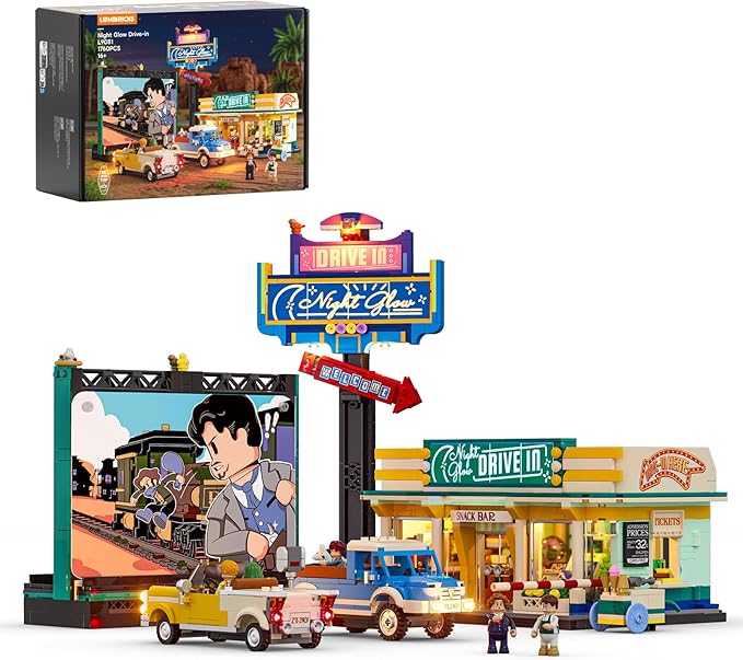 City Drive-in Theater Lighting-Building-Bricks-Set - Road Trip Night Glow Car Cinema Modular Collection LED Light Building Set 1760 Pcs for Adults, Teen and Travelling Enthusiasts