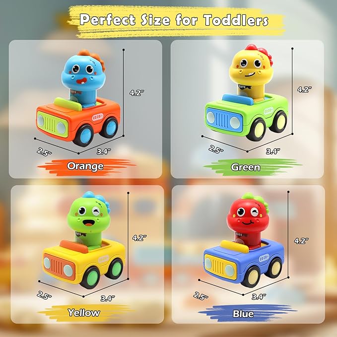 Pbooo Press to Go Toddler Toy Cars, Dinoaur Car Toys for Toddlers 1-3, Kids' Play Vehicles and Race Cars, Push Go Cars for 6-12-18 Month, Ideal Christmas and Birthday Gift for 1-2 Year Old Kids