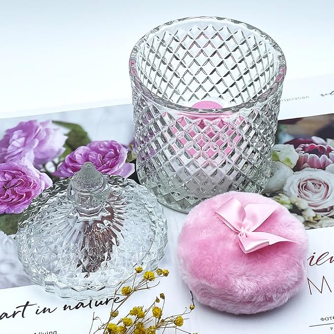 Luxury 4.2 Inch Glass Powder Container with 2 Plush Puffs｜Non-Sealed Refillable Organizer for Body Powder&Makeup｜Setting Powder Applicator w/ Loose Powder Storage(Pointed Cylinder-Clear-Large)