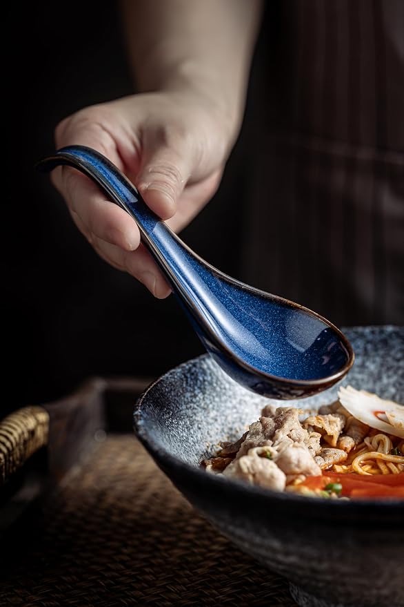 LYEOBOH Soup Spoons set of 6, Chinese Deep Soup Spoon - 6.5 inch Ceramic Korean Tablespoons for Ramen, Rice, Noodle, Asian Spoons with Deep Hook Design, Vintage Blue