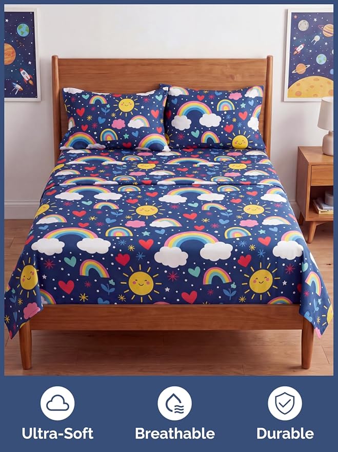 CGK Unlimited Kids Rainbow Sky Queen 4 Piece Sheet Set - Boys, Girls, Teens, Toddler - Easy Fit Deep Pockets - Soft, Cooling & Breathable Sheets - Cute, Cozy, Fade & Wrinkle Free - Machine Washable