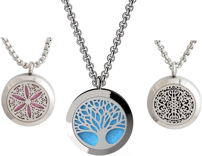 Wild Essentials 3 Necklace Set, Tree of Life, Flower of Life, Wrought Iron Essential Oil Diffuser Necklace Stainless Steel Locket Pendants with 24 inch Chains, 36 Refill Pads, Color Changing Jewelry