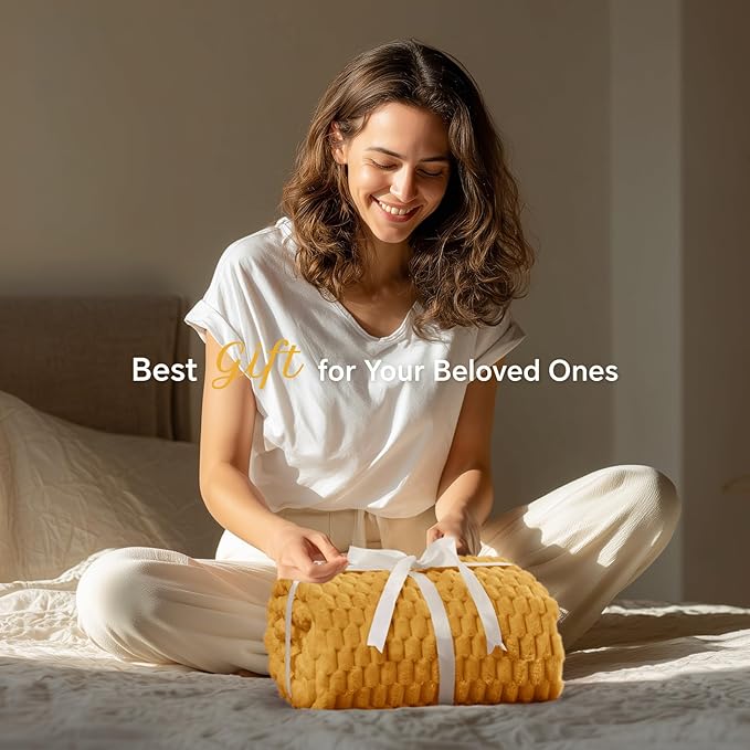 BEDELITE Mustard Yellow Throw Blanket for Couch, Soft Cozy Gifts for Women | 3D Jacquard Decorative Fleece Blanket, Super Soft Plush Throws, Cute Birthday Gift for Women, Suitable for All Seasons, 50*60