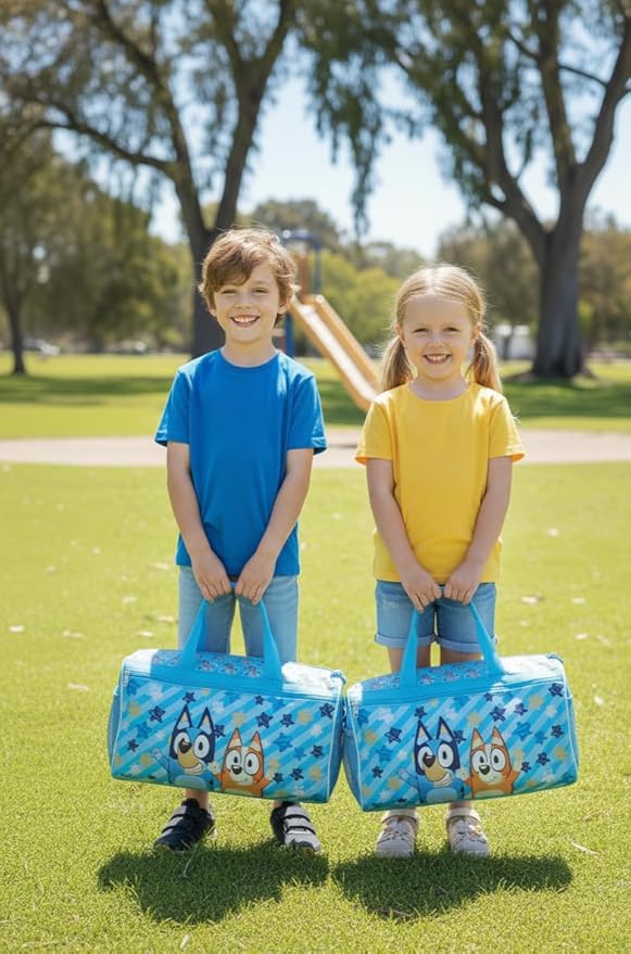 Bluey Kids’ Duffle Bag – Bluey & Bingo Travel Gym Bag with Adjustable Shoulder Strap, Mesh Side Pockets & Zipper Pocket