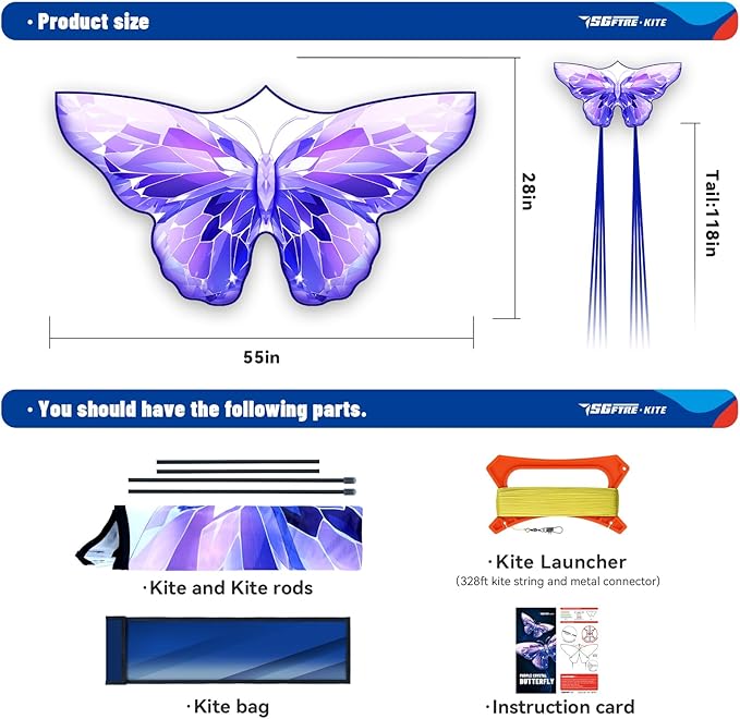 SGftre Golden Butterfly Design Kites ，Outdoor Work Colorful Kite Long Tails，Easy to Fly ，Outdoor Flying Toys for Adult and Kids Surf with Handle