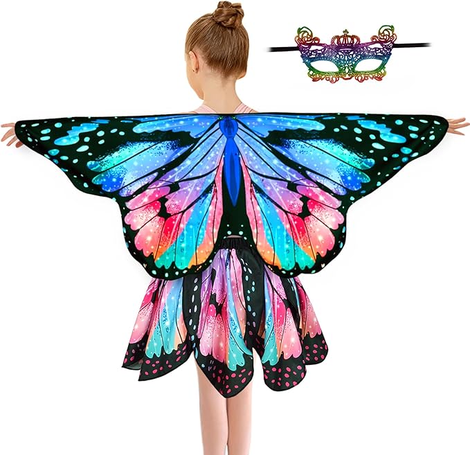 Kids Butterfly Wings Costume for Girls Fairy-Wings Toddler Dress Up Play Costumes Butterfly Skirt Set Mask Party Favors Gifts（Blue & Red）