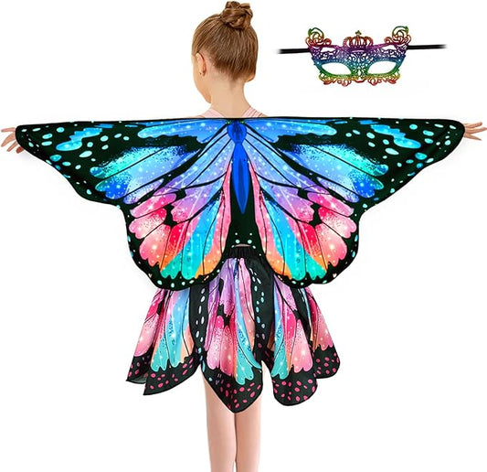 Kids Butterfly Wings Costume for Girls Fairy-Wings Toddler Dress Up Play Costumes Butterfly Skirt Set Mask Party Favors Gifts（Blue & Red）