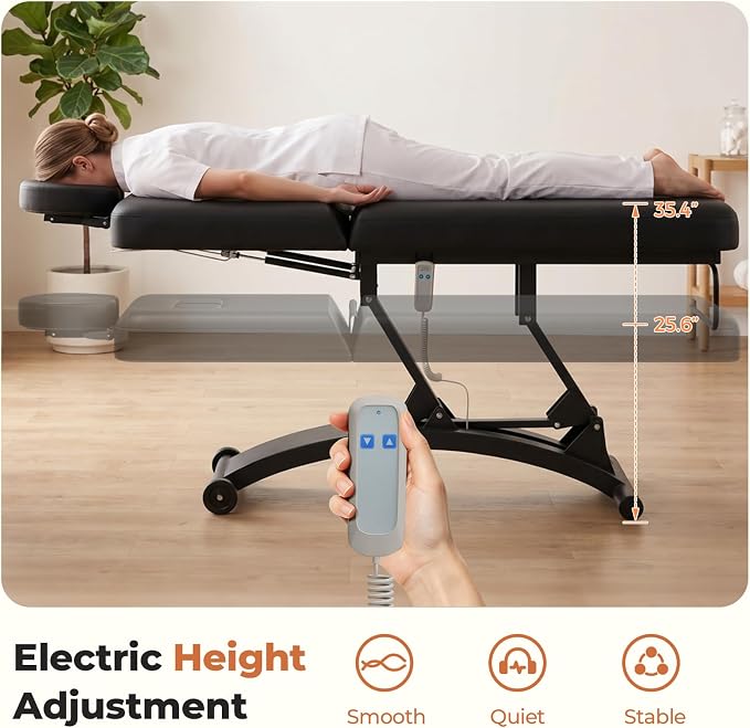 Paddie 550lbs Hi-Lo Electric Massage Table Professional, Black | Hydraulic Adjustable Backrest, Adjustable Face Cradle, Rolling Wheels