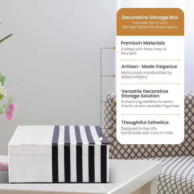 Handicrafts Home Large Decorative Storage Box with Lid – Black White Modern Storage Box, Remote Control Organizer for Coffee Table, Console & Living Room Decor – Mono Lead 12 x 6 x 2