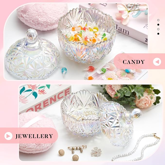 Tioncy 2 Pcs Extra Large Dusting Powder Puff and Container for Women-6'' Glass Crystal Dusting Powder Container with Body Soft Washable Reusable Velour Face(Dazzling,Crown)