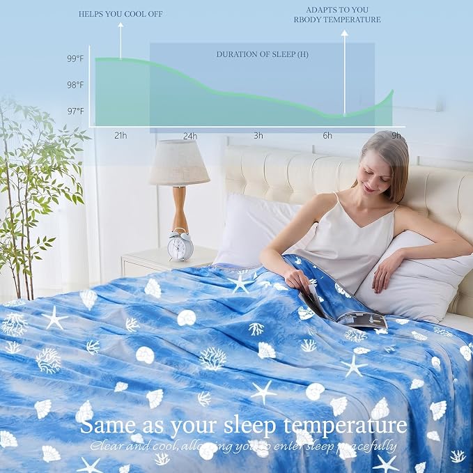 Cooling Blanket Throw Size (50"x70"), Double Sided Ice Cold Blanket for Hot Sleepers, Transfer Heat to Keep Cool, Soft Lightweight for Night Sweats, Bed & Couch, Ocean Design