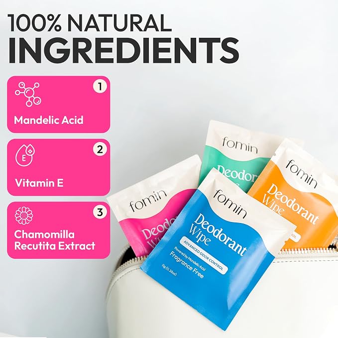 FOMIN Acidified Travel Deodorant Wipes For Women & Men - 15 Count - Patchouli Blossom - pH Balanced, Mini Deodorant Travel Size Wipes - Plastic-Free, Individually Wrapped Underarm Body Wipe