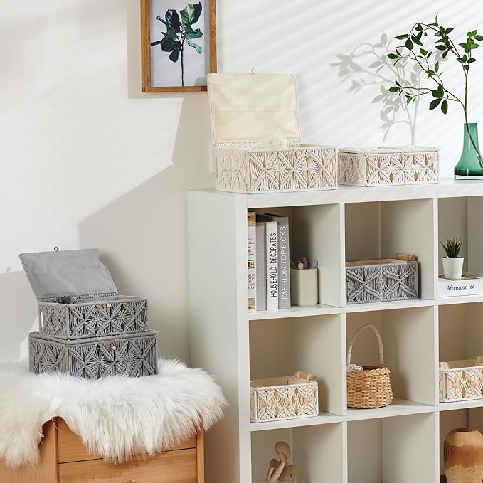 Decorative Boho Storage Baskets with Lid Natural Macrame Boxes | Handmade Cotton Rope Woven Bins, Shelf Desk Organizer Container for Jewelry Memory Keepsake Photo Makeup, Gray, Small