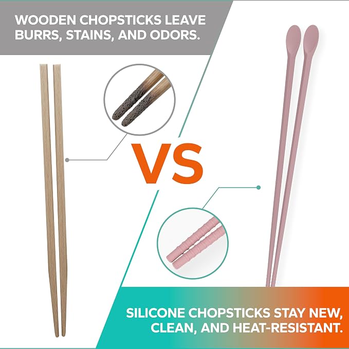 Reusable Long Silicone Cooking Chopsticks with Spoon - 12 Inches 3 Color Set, Eco-Friendly, Heat-Resistant, Non-Scratch, Korean, Japanese Asian Kitchen cookware. (Pink, Green, Grey, 3 Pair)
