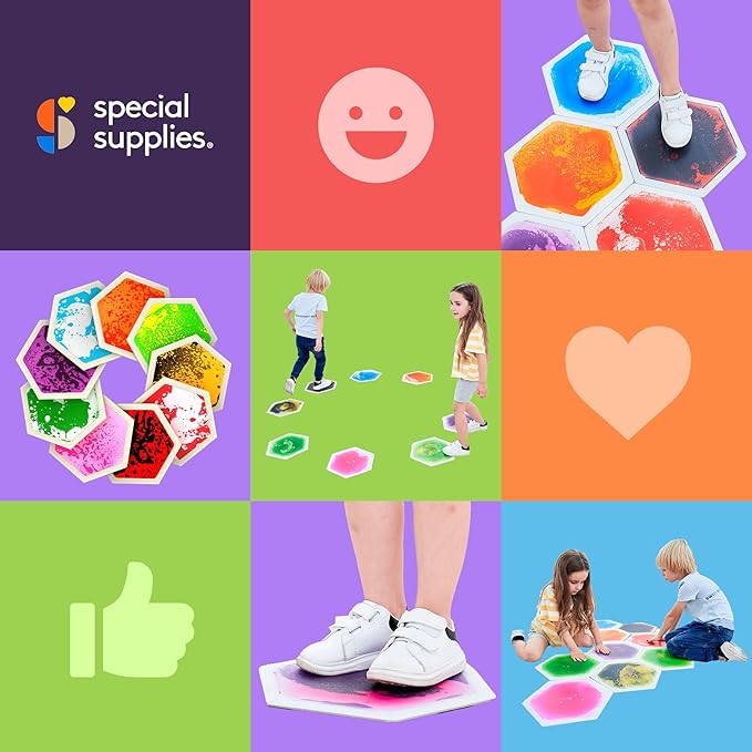 Special Supplies Hexagon Floor Liquid Tiles for Kids, Set of 9, Colorful Early Learning Activity Mats for Toddlers and Children, Anti-Slip Backing for Active Play, Dance, and Games