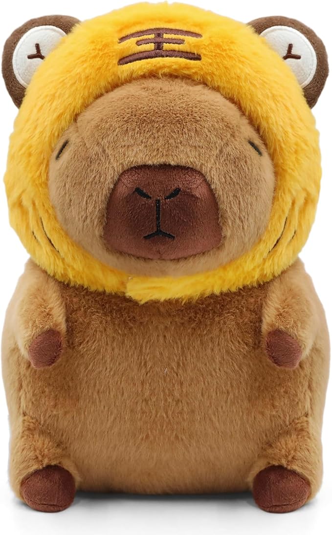 Cute Capybara Plush Wear Tiger Hat, Kawaii Soft Capybara Plushie Pillow, 14 inch Capybara Stuffed Animal Hugging Gifts for Kids Adults (Tiger Capybara)
