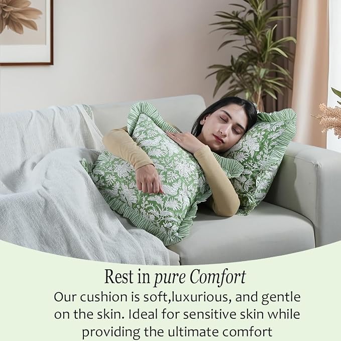 CPC Olive Green Ruffle Throw Pillow Covers for Couch, 18x18 Inch Cotton Stripe Ruffle Couch Pillows for Living Room, Hidden 14 Inch Zipper Boho Pillow Case or Cute Outdoor Pillows