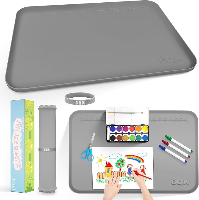 Silicone Art Mat for Crafts, 24" x 16" Painting Mat for Kids with Raised Sides to Stay Tidy, Paint Craft Mats for Clay, Resin, Slime, Jewelry-Making & Crafts Creation (Gray)