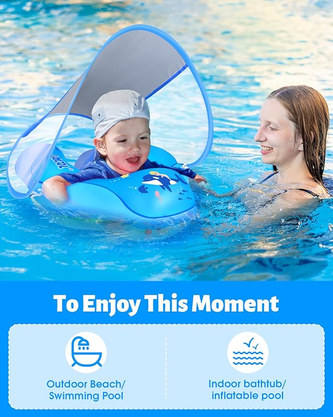 LAYCOL Baby Swimming Float Inflatable Baby Pool Float Ring with Sun Protection Canopy,add Tail no flip Over for Age of 3-36 Months