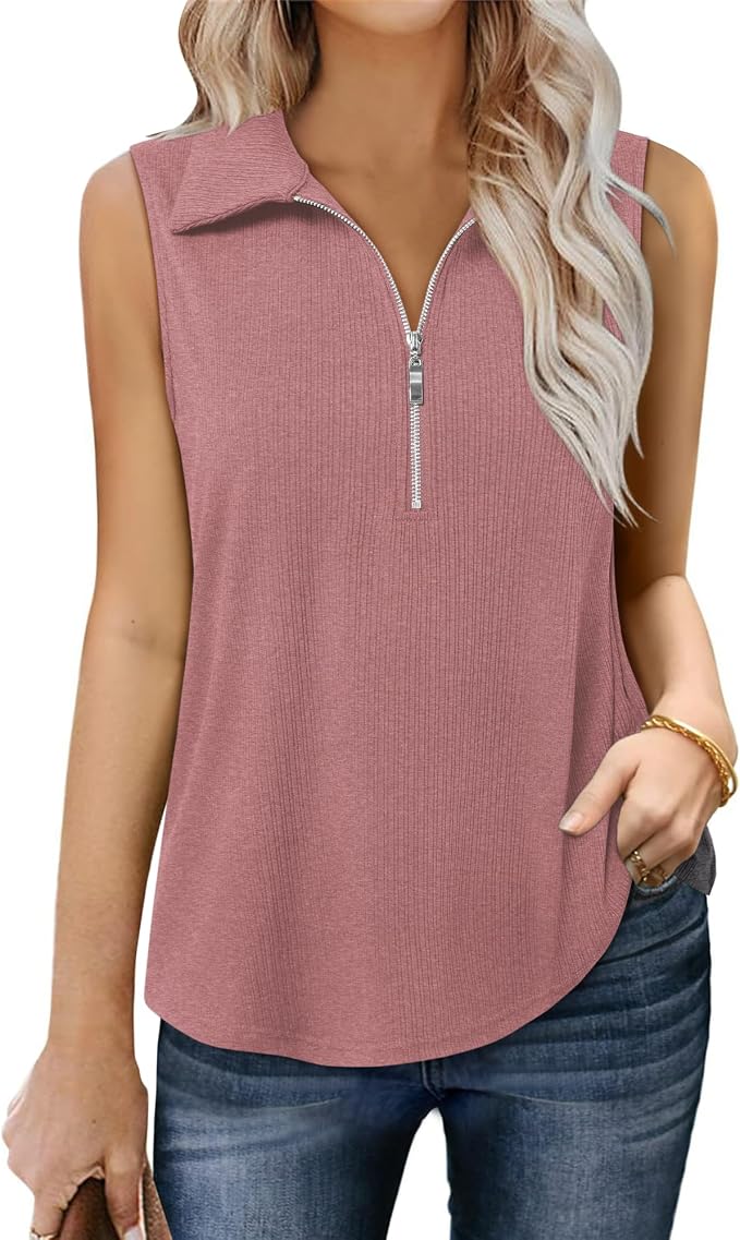 Vivilli Womens Ribbed Tank Top Zipper V Neck Dressy Casual Blouses Sleeveless Camisole Tops Work Tank Polo Shirts