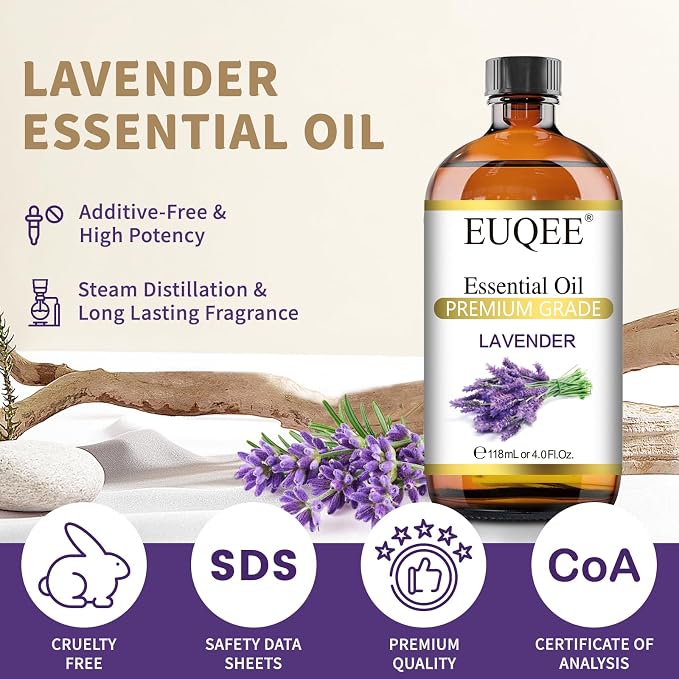 EUQEE Lavender Essential Oil 118mL Lavender Oil Large Capacity Essential Oil with Glass Dropper for Diffuser, DIY Candle - 4Fl. Oz