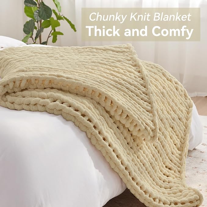 Negwoo Chunky Knit Throw Blanket, Knitted Throw Chenille Yarn, 50"*60" | Soft Thick Cable Knitted Blankets, Handmade Big Thick Blanket, Machine Washable Cute Comfy Blanket for Home Decor, Oatmeal