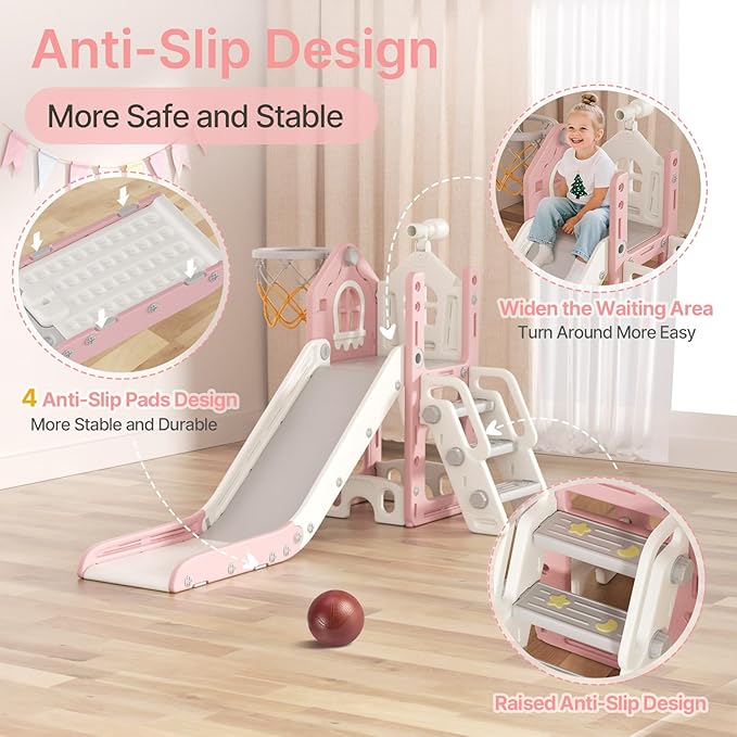 BIERUM 6 in 1 Toddler Slide - L-Shaped Baby Slide for Toddlers Aged 1-3 with Basketball Hoop, Telescope Toy and Anti-Slip Pads, Indoor Outdoor Toddler Playset, Pink Gray