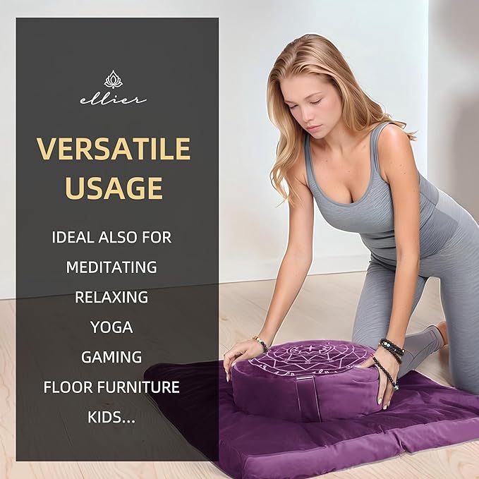 ellier Zafu & Zabuton Meditation Cushion Set - Buckwheat Hull & Memory Foam Pillows, Ergonomic Support for Yoga, Mindfulness - Organic Velvet Cover, Large Size, Purple