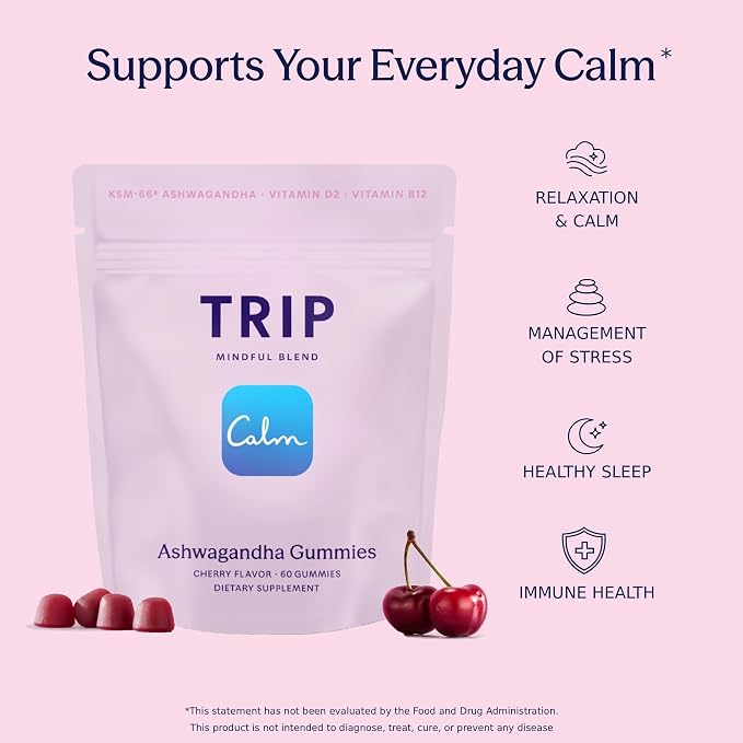Trip Ashwagandha Gummies with Vitamin D12, B Vitamins, 3000mg Ashwagandha KSM 66 Per Serving, Vegan, Naturally Flavored On The Go Chewable Gummy, Juicy Cherry Flavor, 1 Bag, 60 Count