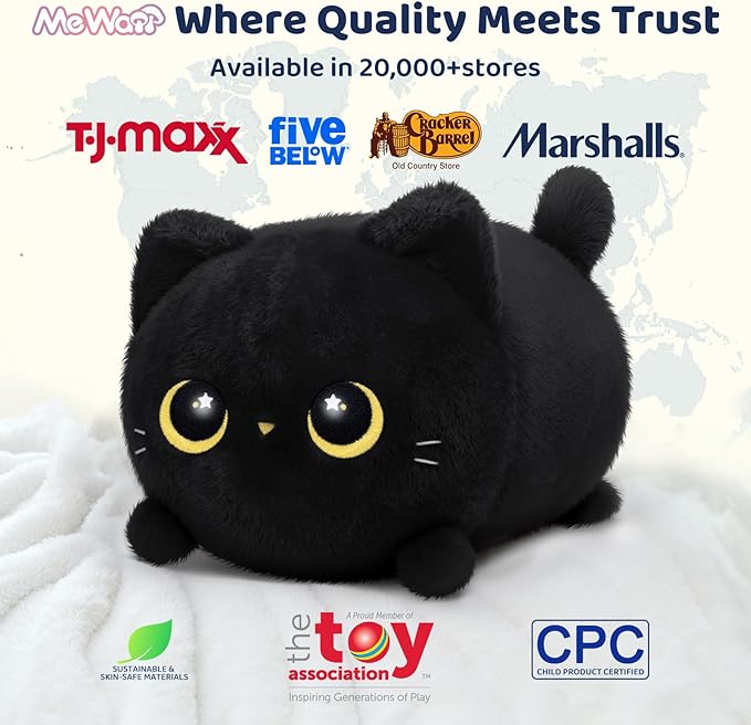Mewaii Black Cat Plush, Cute Cat Plushies Toy, Soft Kitten Plushie Cuddle Pillow, Anime Plushie Doll, Cute Stuff Toys Gift for Girls, Boys and Males (16 Inch)