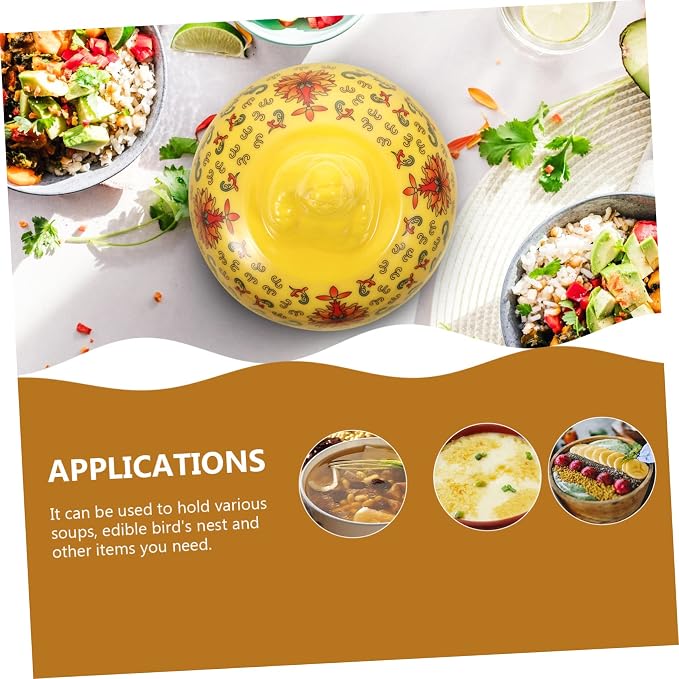 PRETYZOOM 1set Ceramic Soup Bowl with Lid Beautifully Decorated Stewing Pot for Soup Yogurt Desserts and More Convenient Design to Keep Hot and Protected for Home and Restaurant Use