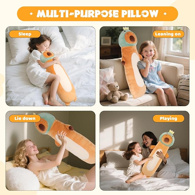36 inch Extra Capybara Plush Long Pillow Toy Soft Stuffed Animal with Cute Dinosaur, Large Cuddle Sleeping Body Capybara Brown Big Plushies Gifts for Kids Boys Girls, Birthday
