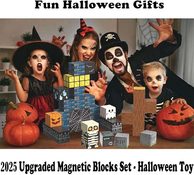 Magnetic Blocks Halloween Toys for Kids Skeleton Toy Spooky Town Building Magnetic Tiles Halloween Party Favors Gift for Boys Girls & Adults
