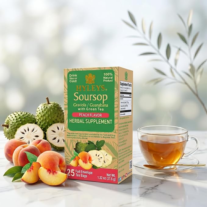 HYLEYS Organic Green Tea with Soursop Flavor, 300 Individually Wrapped Tea Bags (12 Pack of 25) - USDA Organic Graviola Guanabana Tea with Light Caffeine