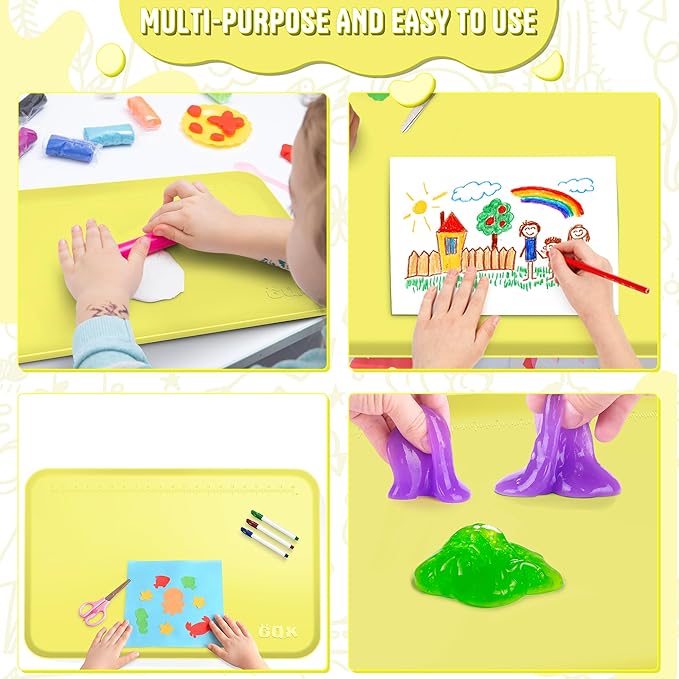 Silicone Art Mat for Crafts, 24" x 16" Painting Mat for Kids with Raised Sides to Stay Tidy, Paint Craft Mats for Clay, Resin, Slime, Jewelry-Making & Crafts Creation (Yellow)