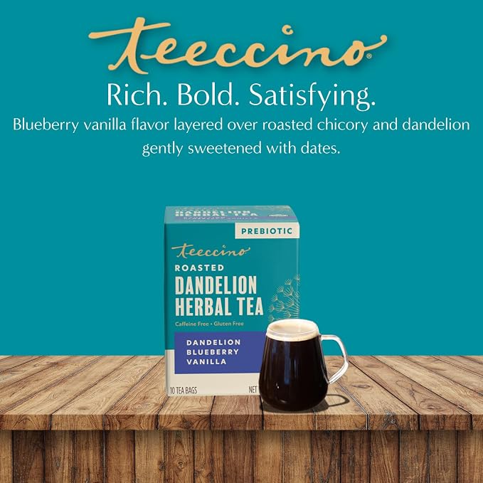 Teeccino Dandelion Blueberry Vanilla Herbal Tea, 10 Count - Rich & Roasted Herbal Tea That’s Caffeine Free & Prebiotic for Natural Energy, Coffee Alternative