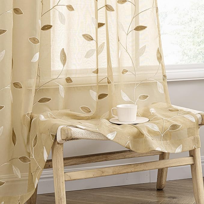 MIULEE Beige Sheer Curtains 2 Panels Embroidered Leaf Patterned Rod Pocket Floral Semi Sheer Faux Linen Window Curtains Drapes Set for Living Room Bedroom Dining Room, 52x84 Inches Long