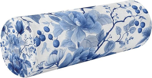 Blue White Flower Neck Roll Pillow Bolster Round Health Memory Foam Long Cervical Roll Cylinder Pillows with Removable Washable Cover for Body Bed Legs Back Yoga