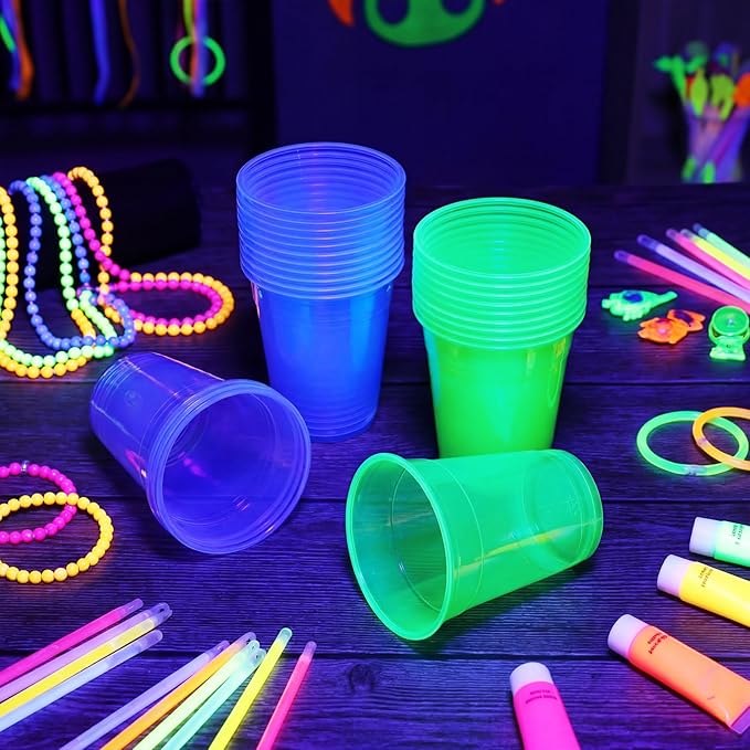 32 Pcs Glow in The Dark Party Table Tennis Game Set Include 24 Pcs Glowing Plastic Cups and 8 Balls for Indoor Outdoor Party Event Birthdays Weddings BBQ Parties