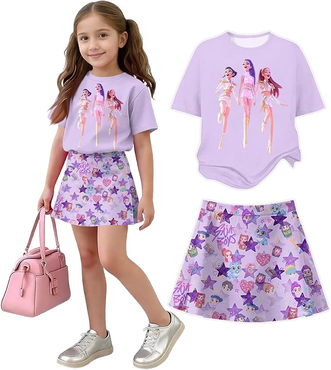 HTHLVMD K Pop Short Sleeve T-Shirt and Skirts Outfits Set for Girls Hunters Rumi Mira Zoey Graphic Tees De-Mon Costume