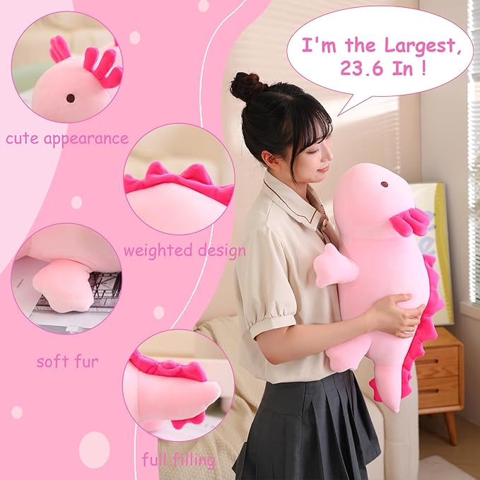 SQEQE Weighted Axolotl Plush Toy, Pink Axolotl Stuffed Animals Cute Plush Pillow, Cute Weighted Stuffed Animals Gifts for Girls & Boys Pink 23.6 Inch, 3.1 Lbs