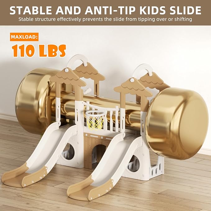 YUFU 9 in 1 Toddler Slide, Kids Slide Playset with Double Slide, Climber, Basketball Hoop, Tunnel and Storage Space, Indoor Outdoor Playground for Toddlers Age 1-3 (Brown)