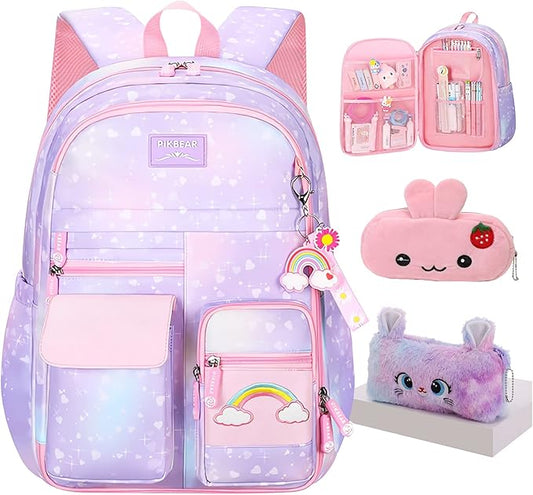 Rainbow Backpack For Girls Kids,Cute Student School Backpack With Pen Bag,Aesthetic Starry Rainbow Laptop Travel Bag