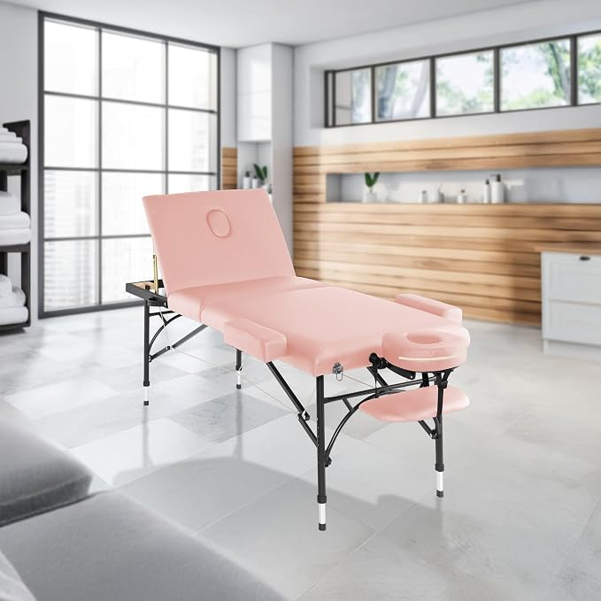 Saloniture Professional Portable Lightweight Tri-Fold Massage Table with Aluminum Legs - Includes Headrest, Face Cradle, Armrests and Carrying Case, Pink