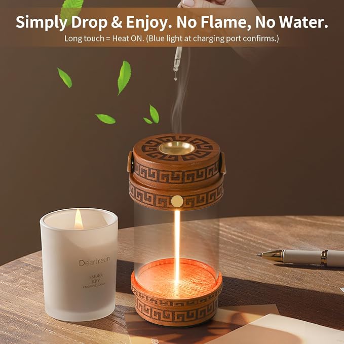 Electric Waterless Essential Oil Heat Diffuser PTC Heating Copper Plate with LED COB Soothing Glow Warm Mood Light, Portable Natural Wood Scented Oil Warmer for Bedside Yoga & Zen Decor