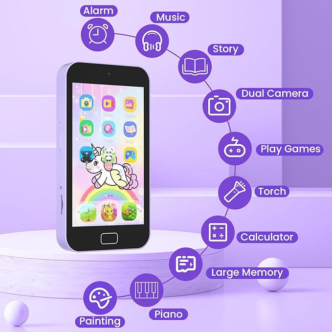 Kids Smart Phone for Girls, 4.0" Touchscreen Toddler Learning Play Toy Phone with Dual Camera, Birthday Gifts for Age 3 4 5 6 7 8 Year Old Kids Cell Phone, Game, Music Player, 32GB Card Purple