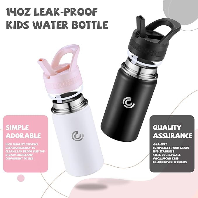 2 Pack Kids Water Bottle,14oz Stainless Steel Insulated Water Tumbler Leak-Proof,School Water Mug,Small and Portable,Suitable for Boys and Girls to Use(Black + White)